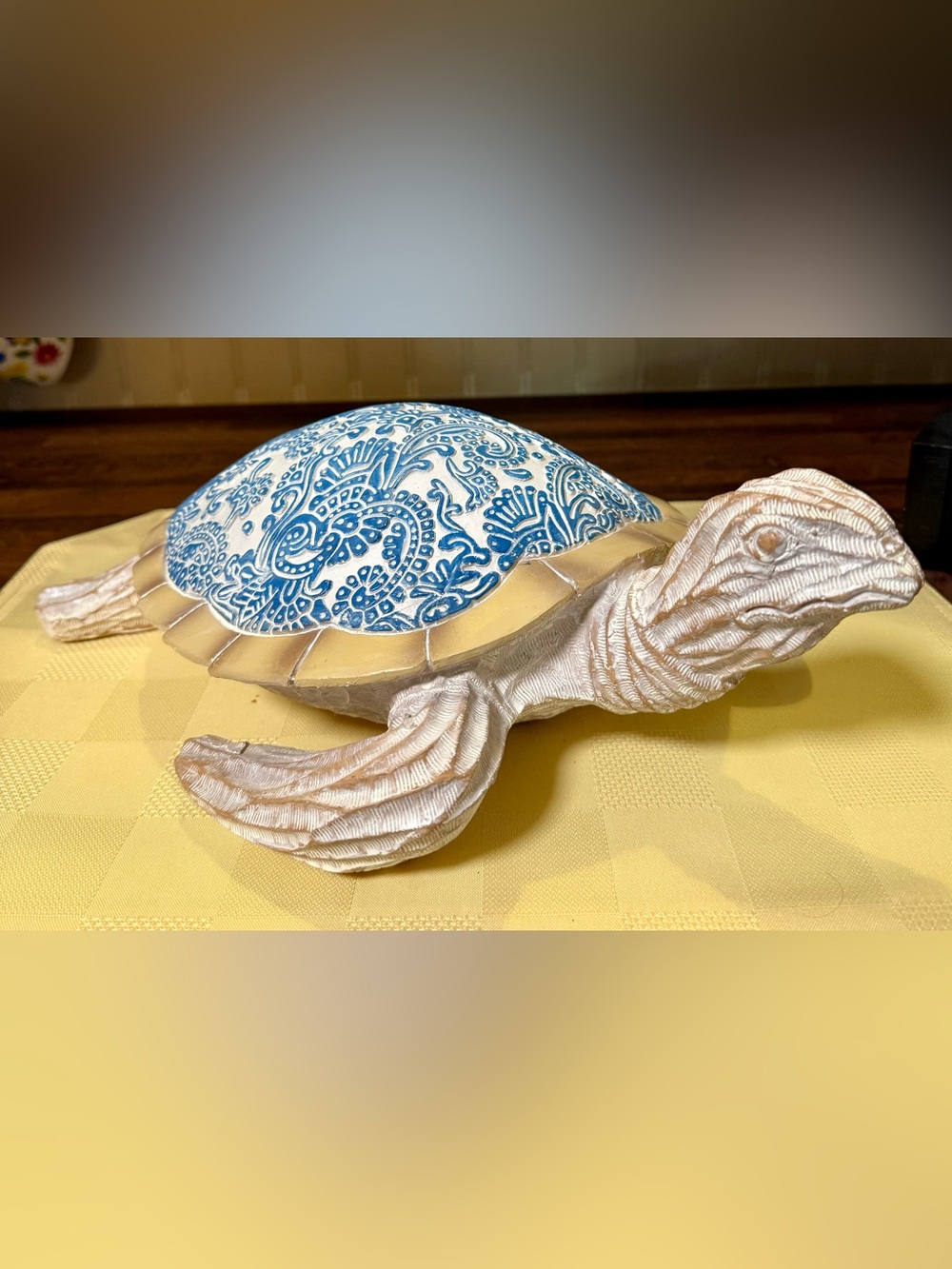 Large Carved Blue Paisley Resin Turtle Figurine 14 By 10 1/2” Coastal Decor